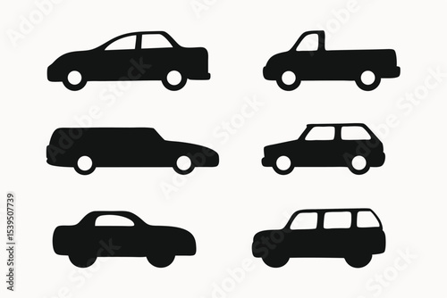 Collection of Simple Black Silhouettes of Various Car Types Sedan, Pickup Truck, Station Wagon, SUV
