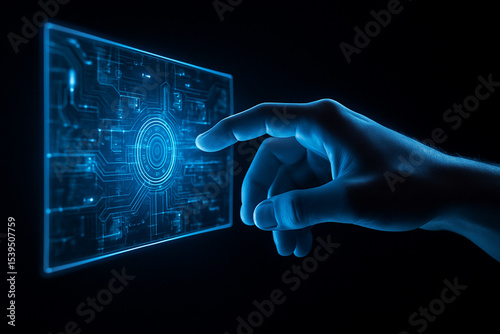 AI generated human hand interacting with glowing blue holographic screen showing digital circuits and futuristic user interface in a dark high tech environment
