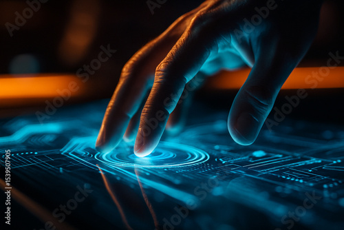 AI generated image of a human hand interacting with a glowing blue digital interface representing future technology touch systems and real time data control on a sci-fi platform