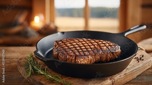 Perfectly seared steak in a cast iron skillet.
