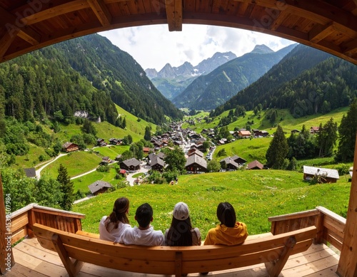 Panoramic mountain view from wooden structure. Four people sit on bench, facing away from camera, overlooking a valley with a village nestled amongst rolling hills and peaks