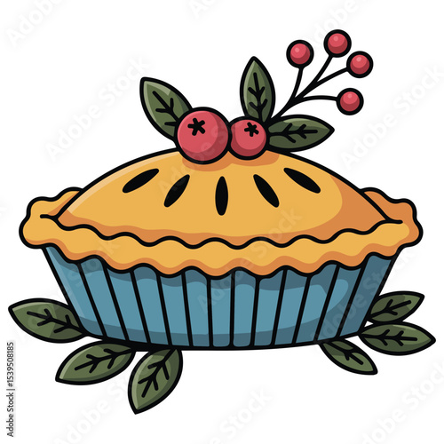 autumn composition of pie and foliage isolated vector illustration