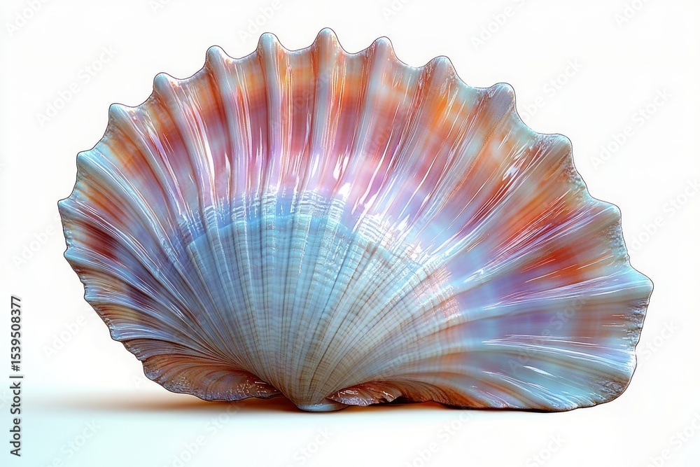 Fototapeta premium Close-up of a large, iridescent scallop shell displaying radiant hues of pastel pink, purple, blue, and hints of orange with a shiny, smooth texture