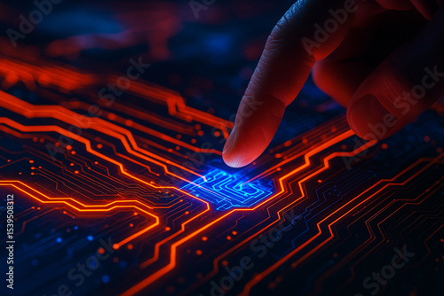 AI generated digital hand interacts with glowing touchscreen interface symbolizing futuristic technology, data flow, and advanced digital systems in a cyber environment.