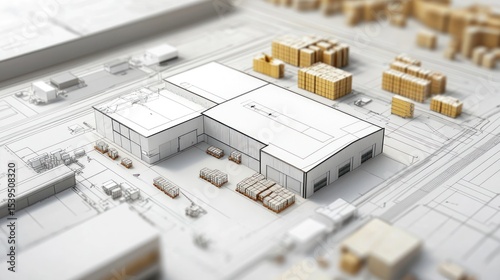 Architectural model of a warehouse with pallets and surrounding buildings on a blueprint