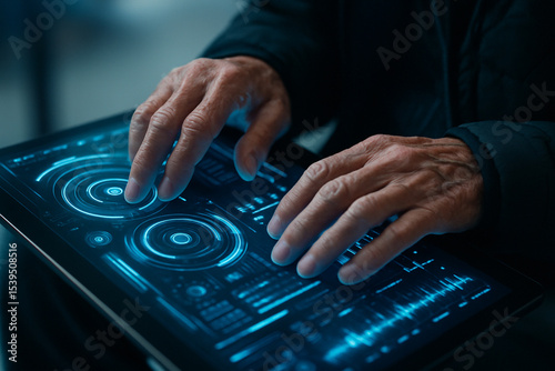 AI generated image of elderly hands interacting with a glowing sci-fi digital interface, symbolizing the connection between aging wisdom and modern technology.