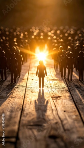 Woman Leading Crowd Towards Light.