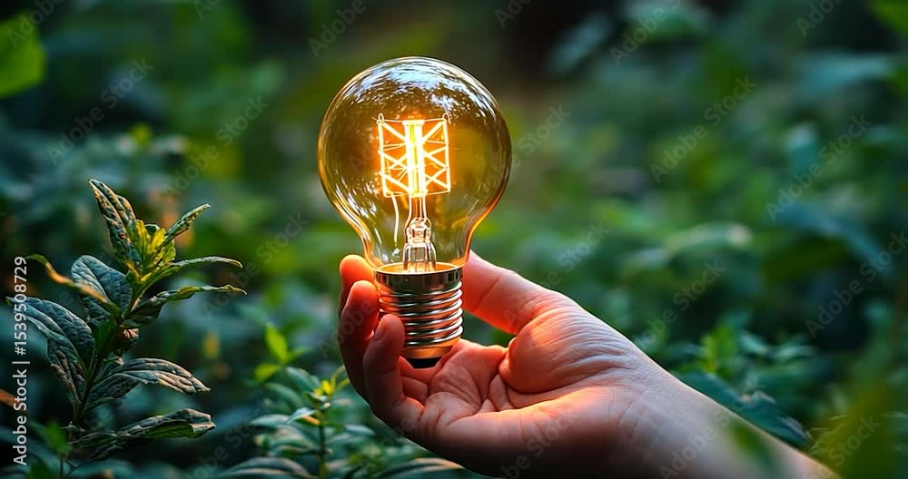A hand holds a glowing lightbulb in a lush green natural setting. Warm light illuminates the scene, creating a calm and serene atmosphere