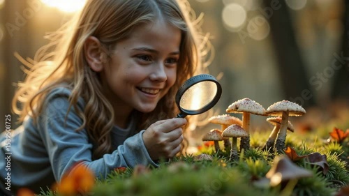 Young girl examining mushrooms with magnifying glass in forest  