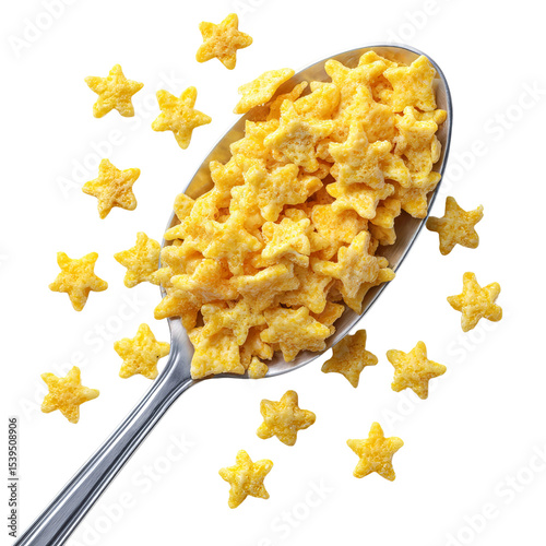 A spoonful of star-shaped cereal, a delicious breakfast option. The cereal is yellow and in the shape of stars. It rests on a shiny spoon