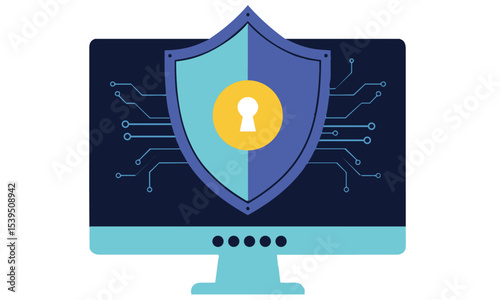 "Cybersecurity Shield on Computer Monitor"
An illustration depicting a desktop computer monitor displaying a blue shield icon symbolizing digital security and data protection.