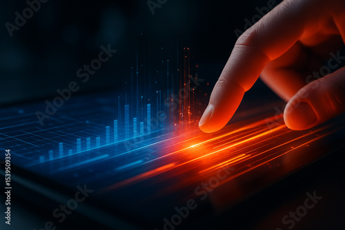 AI generated A close-up of a human finger interacting with a glowing digital interface divided into blue and orange zones symbolizing data input and output with light effects and digital particles