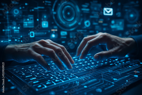 AI generated high tech scene showing human hands interacting with a glowing holographic keyboard surrounded by floating digital data and cyber elements in a sci-fi control room environment