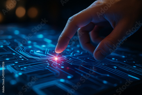 AI generated image of a human finger interacting with a glowing digital interface resembling an advanced holographic control panel in a sci-fi environment