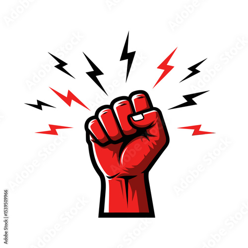 Red fist raised in protest with lightning bolts isolated on white background