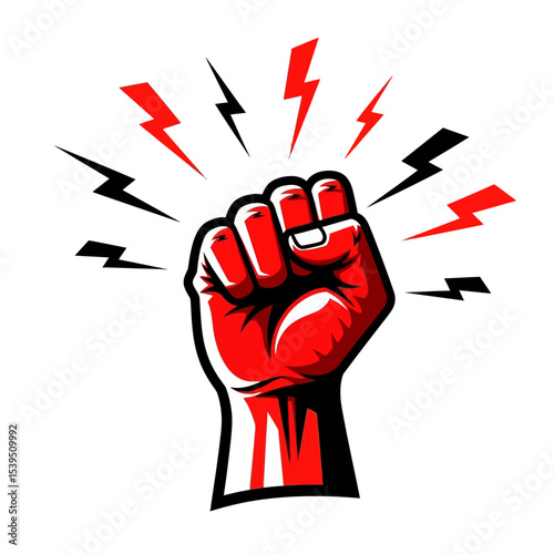 Red fist raised in protest with black and red lightning bolts isolated on white background