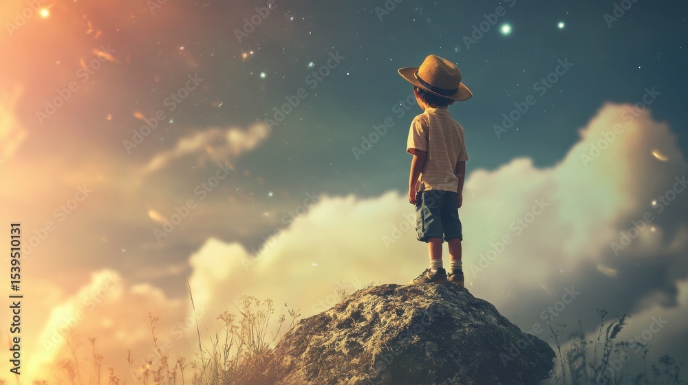 Obraz premium A young boy in a hat stands on a rock, gazing at a starry sky during dusk. The serene atmosphere captures the essence of childhood wonder and exploration.