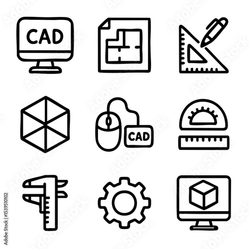 A set of doodle line icons related to CAD software, drafting tools, mechanical design, 3D modeling, and engineering concepts