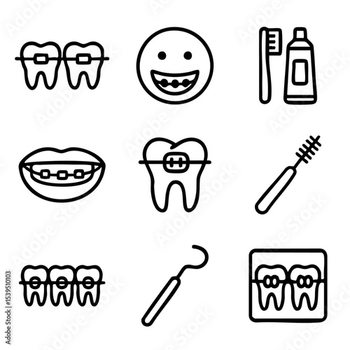 A set of doodle line icons related to orthodontics, braces, dental hygiene tools, smiling teeth, and oral health