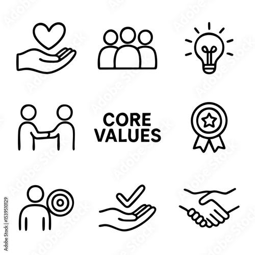 A set of doodle line icons representing core values, teamwork, trust, responsibility, innovation, quality, and business integrity