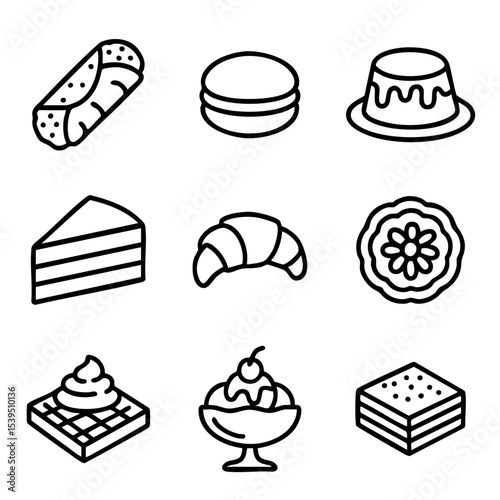 A set of doodle line icons showing various desserts and pastries including cake, croissant, ice cream, cookie, and pudding
