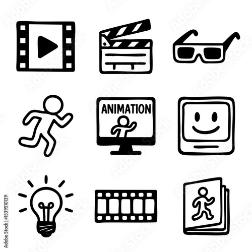 A set of doodle line icons representing animation, filmmaking, creativity, motion graphics, and video production elements