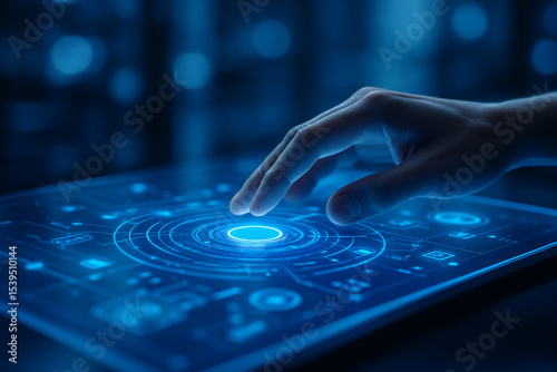 AI generated image of a human hand interacting with a glowing holographic control panel showcasing a futuristic sci-fi touchscreen interface in neon blue tones