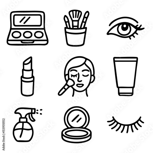 A set of doodle line icons featuring makeup items, beauty tools, skincare products, eyes, lips, and cosmetic application