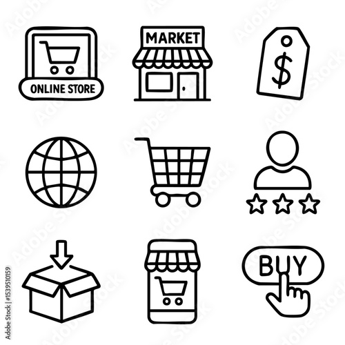 A set of doodle line icons featuring online shopping, carts, mobile stores, ratings, pricing, delivery, and digital purchasing elements