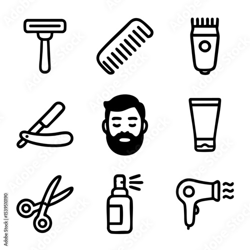 A set of doodle line icons representing barber equipment, grooming tools, shaving products, hair styling, and personal care