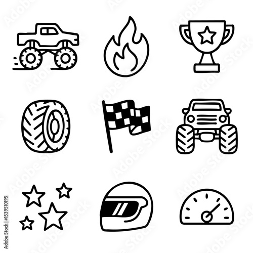 A set of doodle line icons showing monster trucks, racing symbols, trophies, speedometers, flames, tires, and driver gear