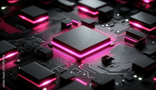 Close-up of a circuit board with glowing pink components
