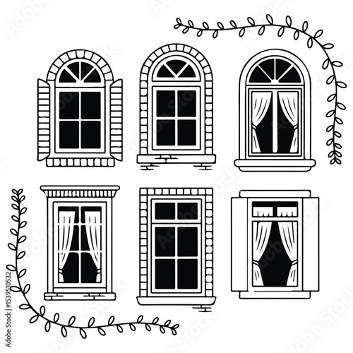 set of different closed windows isolated vector illustration on white background