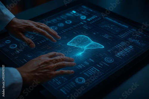 AI generated image showing two human hands interacting with a large digital touchscreen displaying a 3D hologram of a biological model The glowing neon blue interface suggests futuristic medical