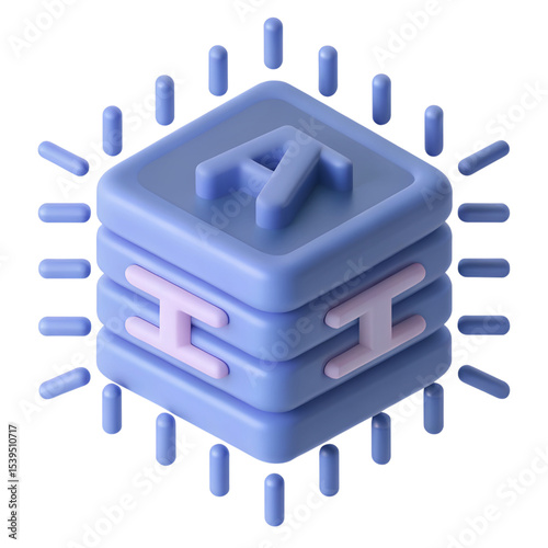 3D Icon, Glowing AI cube with layers, A stack of three blue cubes with the letters AI on each one