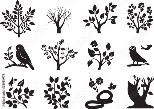 set of vector elements for design, vector, flower, design, illustration, floral, set, leaf, silhouette, nature, plant, pattern, decoration, black, art, icon, ornament, element, tree, symbol, tattoo, f
