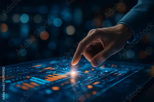 AI generated digital interface scene showing a human hand interacting with a glowing sci-fi HUD panel suggesting control precision futuristic analysis and cyber technology