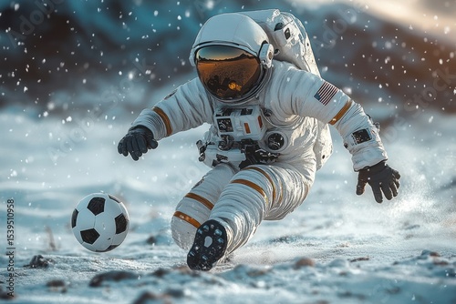 Wallpaper Mural Astronaut wearing full space suit playing soccer on a snowy icy surface with snowflakes falling around in cold weather Torontodigital.ca