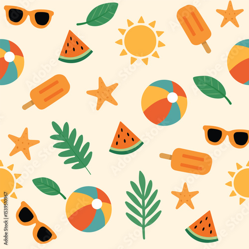 Summer seamless pattern with beach icons, ice cream, and travel illustrations