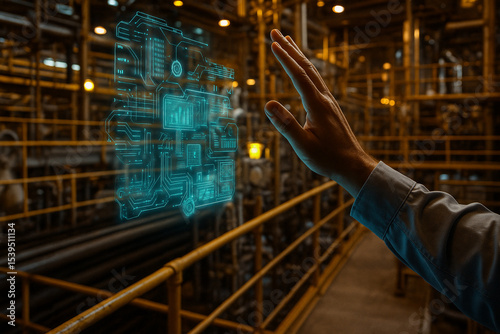AI generated image of a manโ€s hand controlling a transparent holographic interface in a high-tech industrial facility with digital charts and factory systems