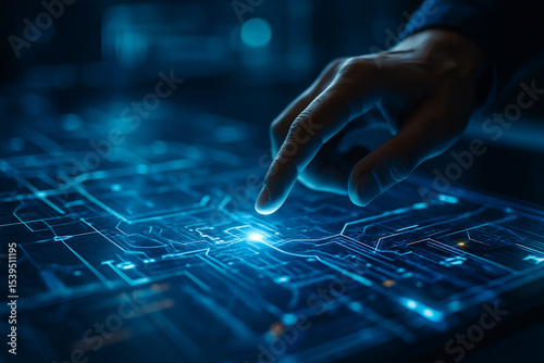 AI generated image of a human hand interacting with a glowing digital interface featuring advanced circuit-like HUD design with real-time data flow in blue neon tones