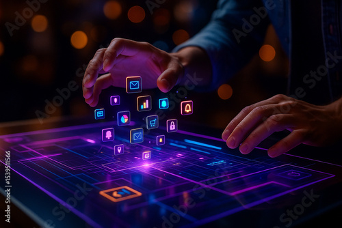 AI generated image of human hands interacting with floating holographic icons above a digital interface in a futuristic environment with glowing colors and immersive data layers.