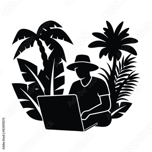 Silhouette of a travel blogger with laptop in jungle