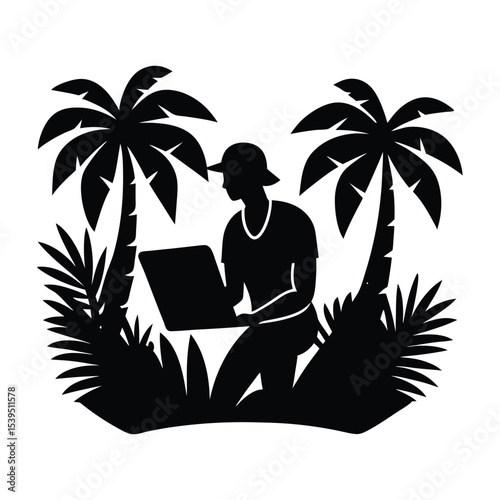 Silhouette of a travel blogger with laptop in jungle