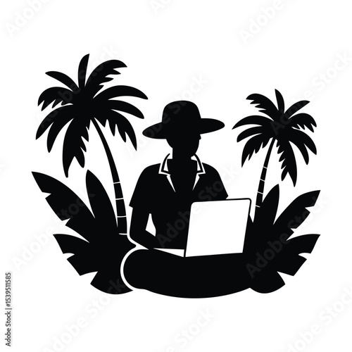 Silhouette of a travel blogger with laptop in jungle