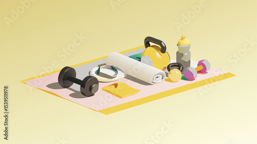 Still life of gym equipment including dumbbells kettlebells towel and water bottle on a yoga mat