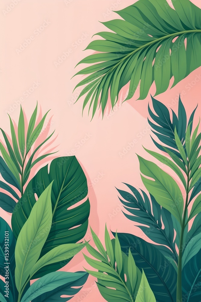 Fototapeta premium high quality, flat style tropical background with large palm leaves and subtle gradients
