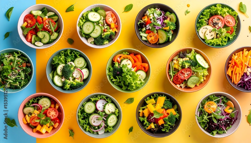Colorful bowls of fresh salads. Colorful bowls of fresh salads.