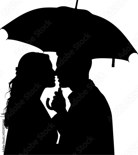 Romantic couple kissing under umbrella silhouette