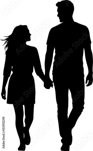 Romantic couple walking hand in hand silhouette
